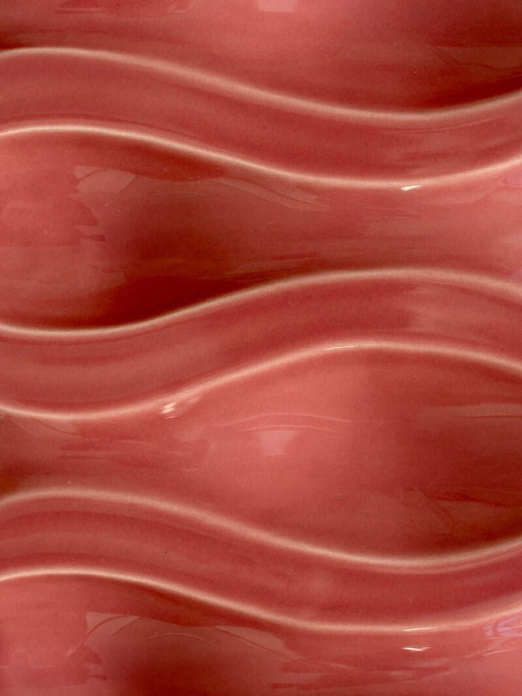 The Poster Club Echo Relief No. 02, an abstract art print featuring a glossy dusty rose pink surface with undulating, wavy sculptural relief forms, creating a captivating textured ceramic effect. This organic modern wall art is perfect for minimalist living rooms, contemporary bedrooms, or adding a soft, dimensional accent to a gallery wall.