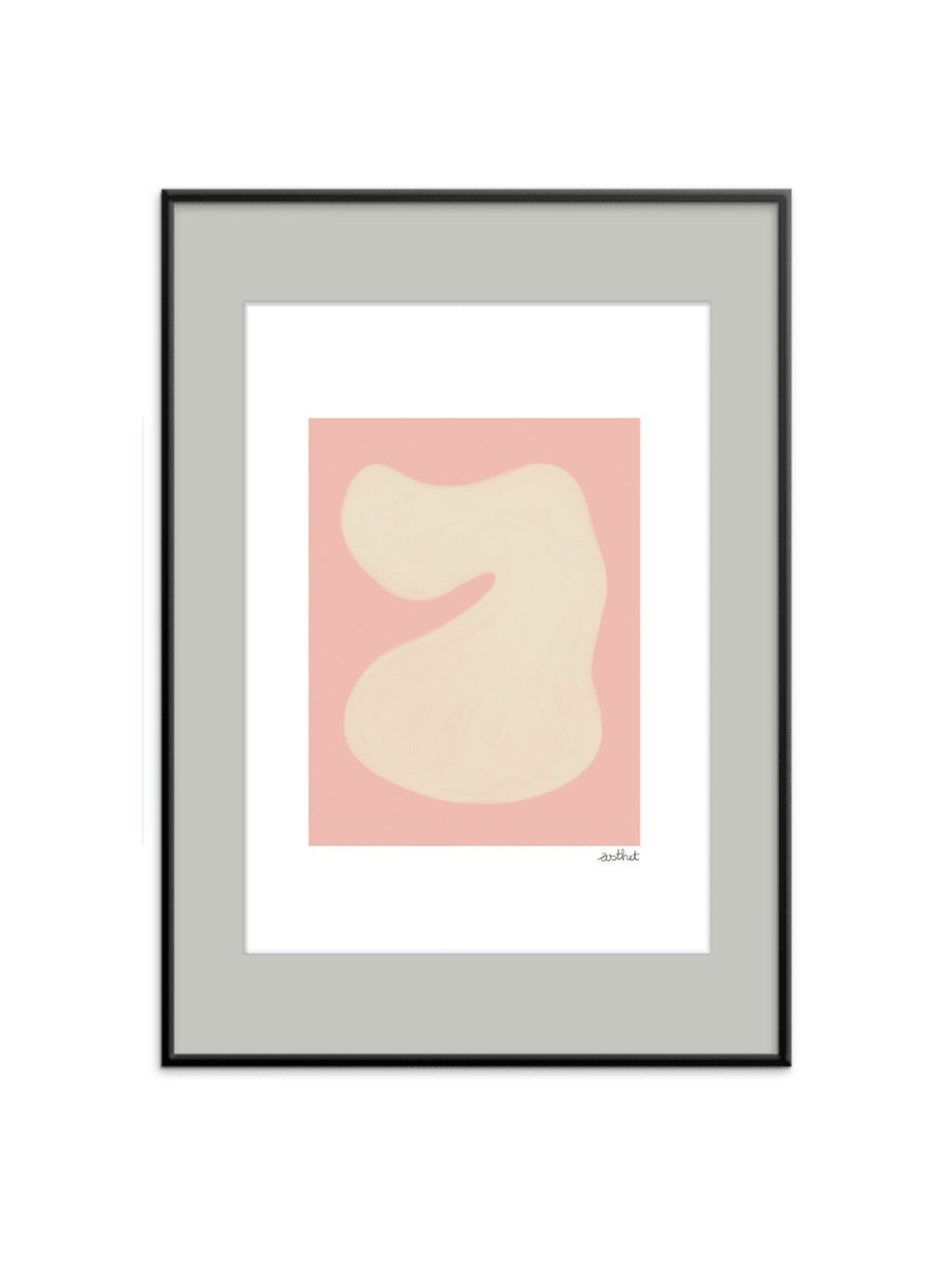The Poster Club Shape Study 01, a minimalist abstract art print featuring a soft creamy off-white organic shape with subtle brushstroke texture against a delicate blush pink background. This modern wall art is presented within a crisp white border, a light grey mat, and a sleek matte black metal frame. Ideal for contemporary living rooms, Scandinavian bedrooms, or an organic modern gallery wall.