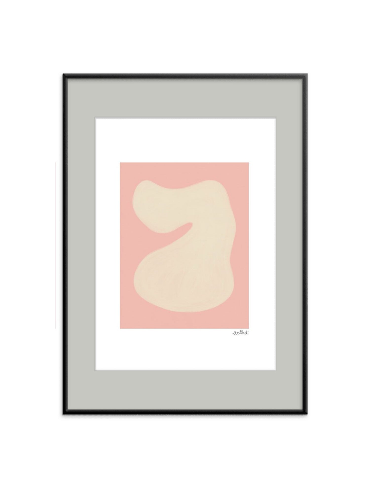 The Poster Club Shape Study 01, a minimalist abstract art print featuring a soft creamy off-white organic shape with subtle brushstroke texture against a delicate blush pink background. This modern wall art is presented within a crisp white border, a light grey mat, and a sleek matte black metal frame. Ideal for contemporary living rooms, Scandinavian bedrooms, or an organic modern gallery wall.