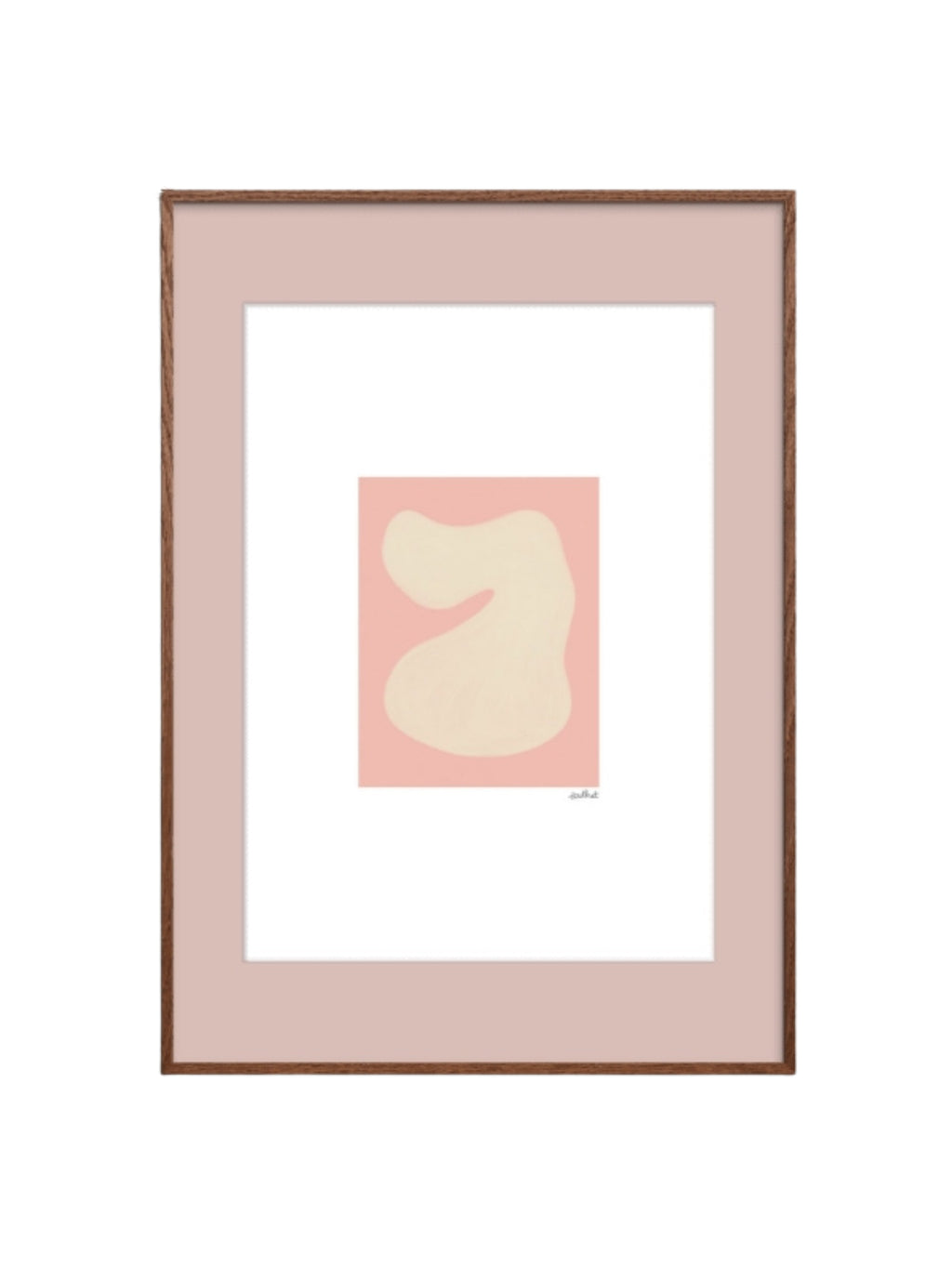 The Poster Club Shape Study 01, a minimalist abstract art print showcasing a fluid, organic creamy-white shape set against a soft pale pink background, presented in a natural dark oak wood.