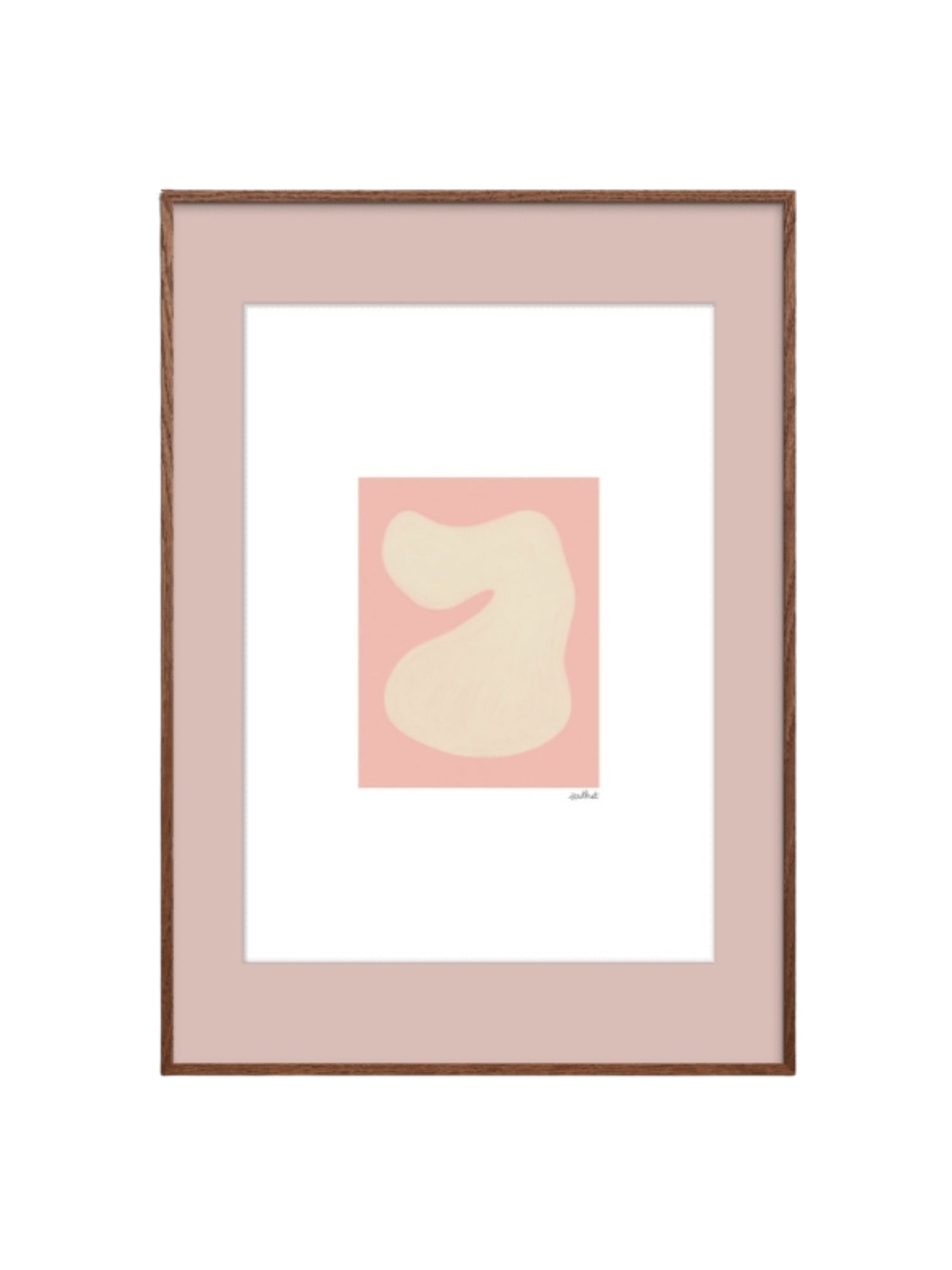 The Poster Club Shape Study 01, a minimalist abstract art print showcasing a fluid, organic creamy-white shape set against a soft pale pink background, presented in a natural dark oak wood.