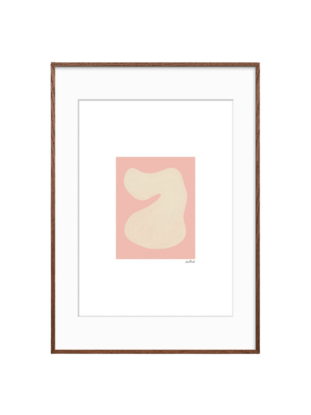 The Poster Club Shape Study 01, a minimalist abstract art print featuring a creamy organic shape with subtle texture against a soft blush pink background, framed with a crisp white mat in a warm dark walnut wooden frame. Perfect for contemporary gallery walls, Scandinavian bedrooms, or adding a touch of organic modern art to a living room.