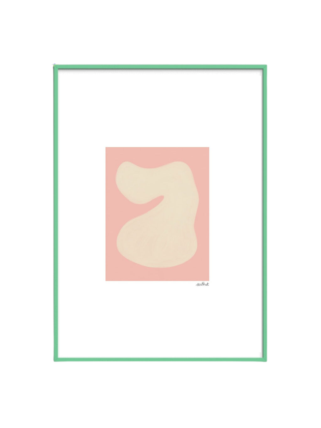 The Poster Club Shape Study 01, a minimalist abstract art print featuring an organic creamy off-white shape with subtle brushstroke texture set against a soft light pink background. This contemporary wall art is presented with a crisp white mat and framed in a vibrant mint green frame. Ideal for adding soft modern decor to living rooms, bedrooms, or a chic nursery gallery wall.