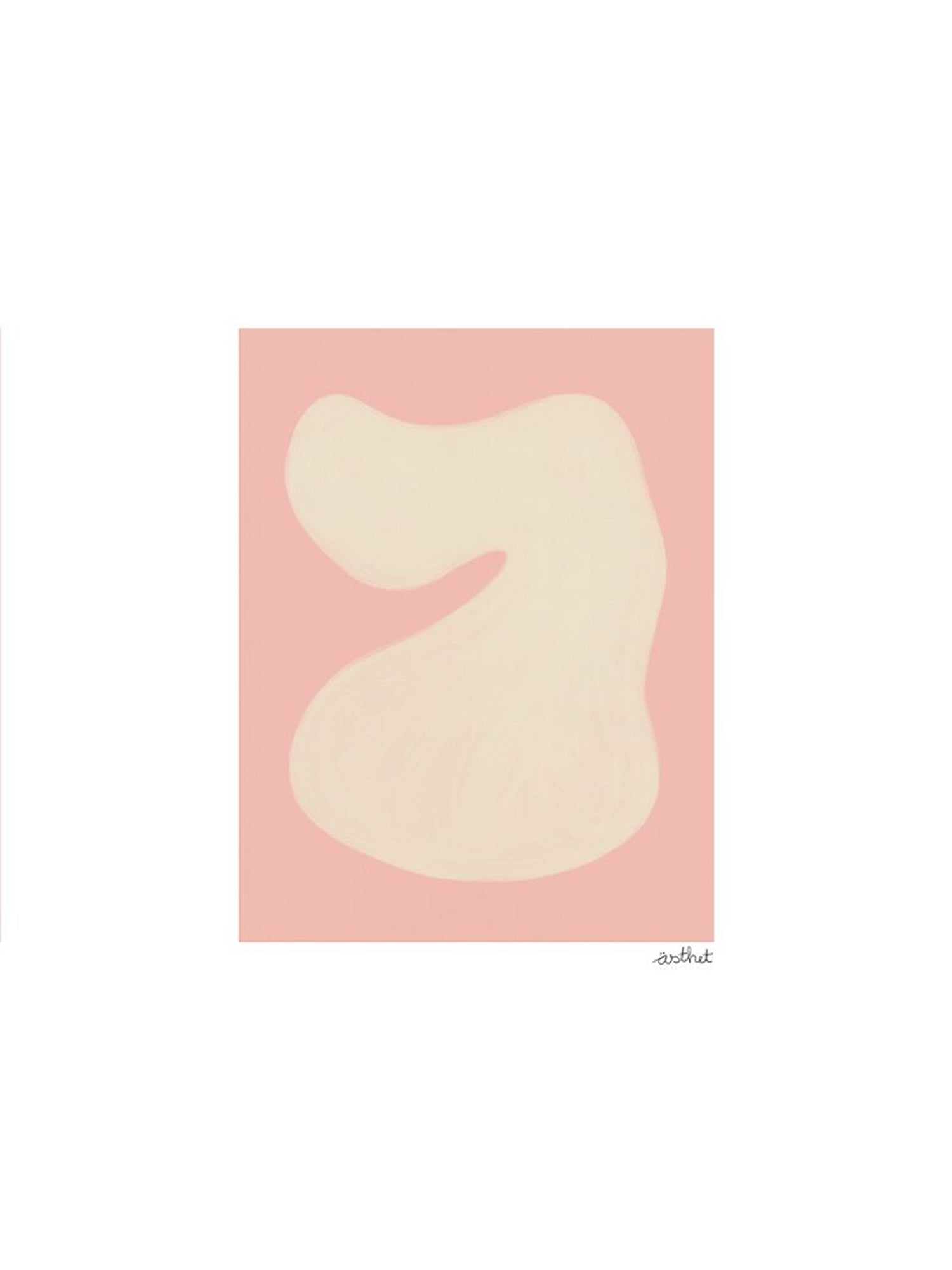 The Poster Club Shape Study 01, a minimalist abstract art print showcasing a creamy off-white biomorphic shape with subtle brushstroke texture against a soft pastel pink background, signed by 'ästhet'. This contemporary organic modern wall art is ideal for creating a serene aesthetic in Scandinavian bedrooms, modern living rooms, or a curated gallery wall.
