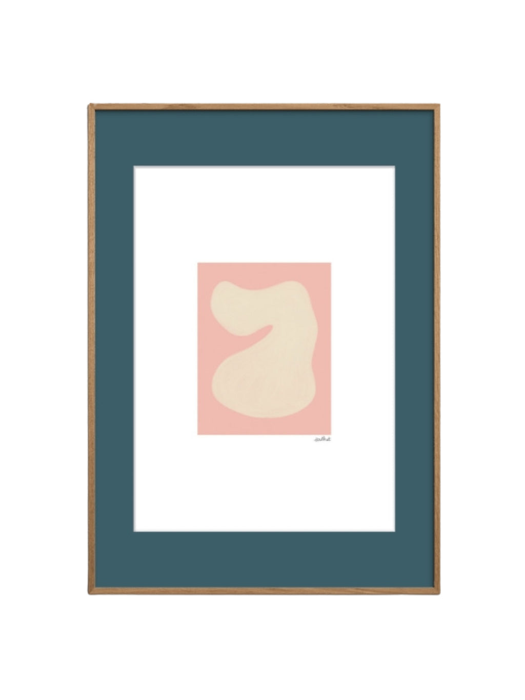 The Poster Club Shape Study 01, a minimalist abstract art print featuring a soft creamy organic shape on a light pink background, framed with a wide dark teal outer mat and a crisp white inner mat. This contemporary wall art is elegantly housed in a natural oak wood frame, offering a touch of Scandinavian design. Perfect for gallery walls, modern living rooms, or serene bedroom decor.