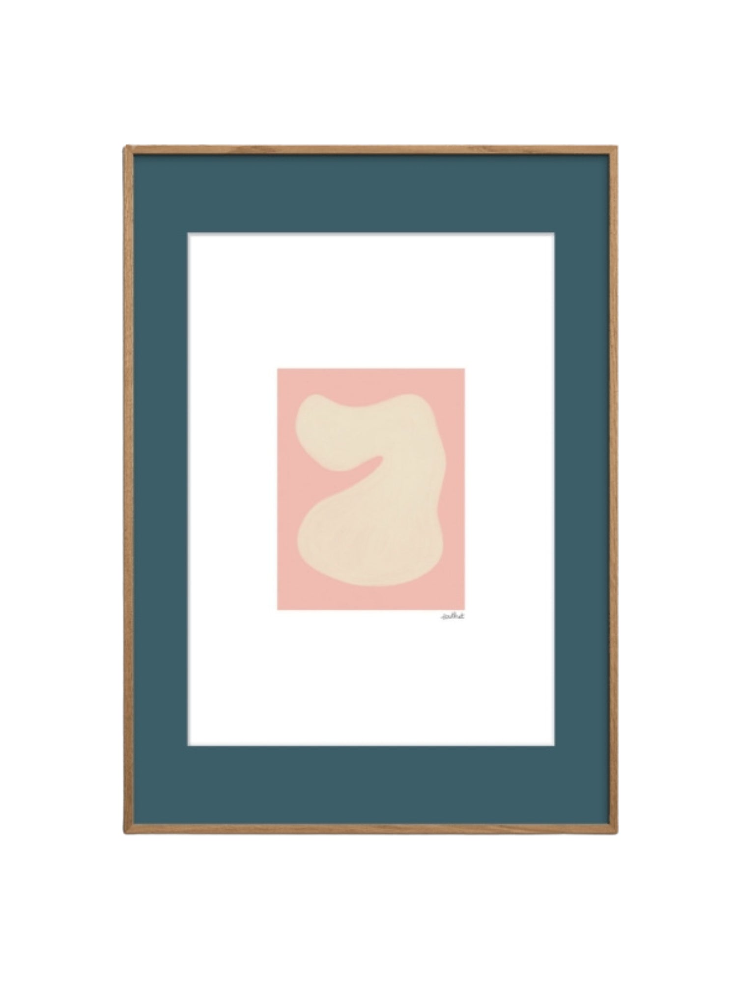 The Poster Club Shape Study 01, a minimalist abstract art print featuring a soft creamy organic shape on a light pink background, framed with a wide dark teal outer mat and a crisp white inner mat. This contemporary wall art is elegantly housed in a natural oak wood frame, offering a touch of Scandinavian design. Perfect for gallery walls, modern living rooms, or serene bedroom decor.