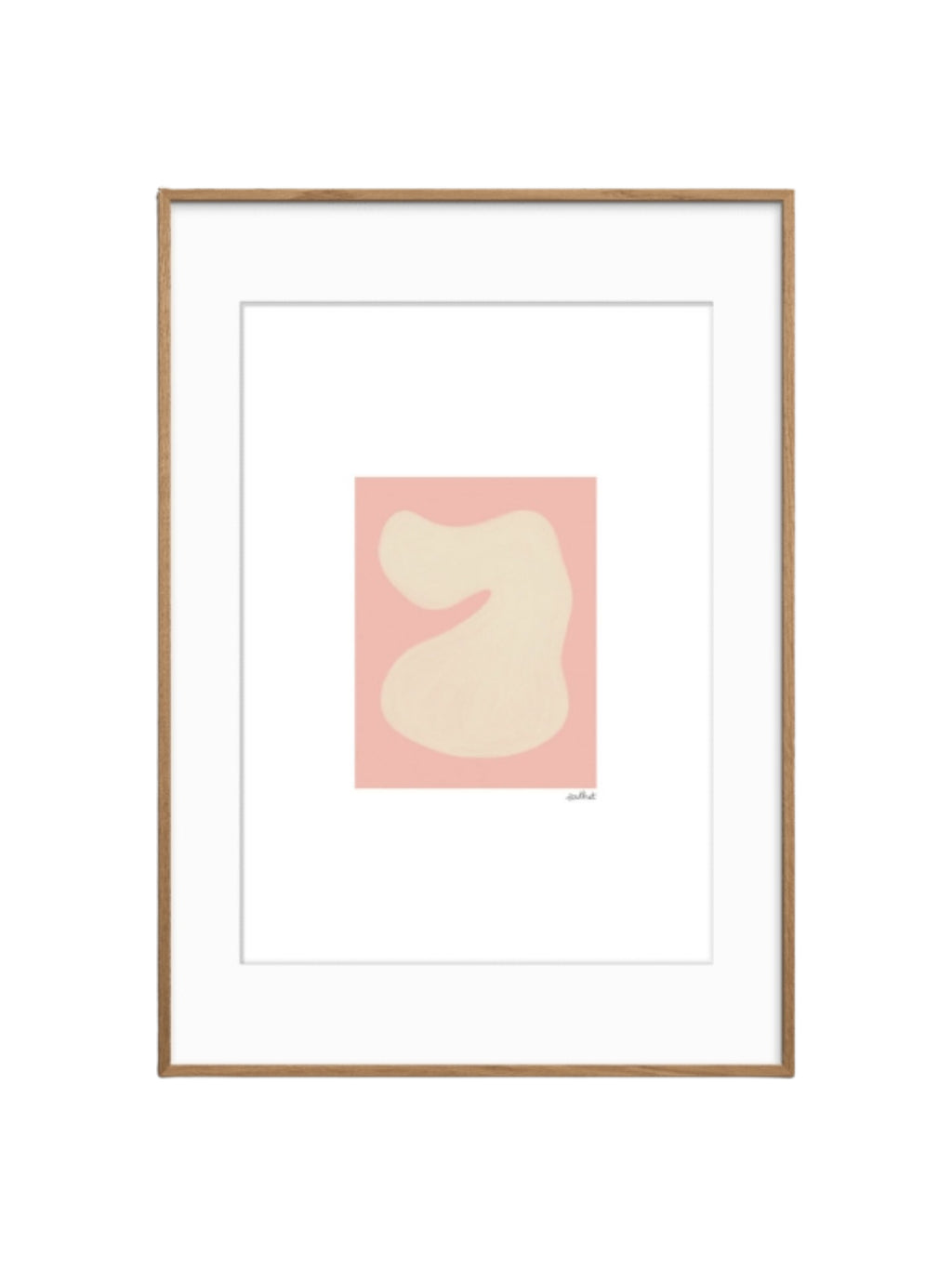 The Poster Club Shape Study 01, a modern abstract art print featuring a soft, organic creamy beige shape set against a delicate light pink background, expertly framed with a crisp white mat. This minimalist design is encased in a sleek natural oak wood frame, offering a contemporary aesthetic. Ideal as stylish wall art for a gallery wall, bedroom, or living room, perfect for adding an organic modern touch to Nordic-inspired interiors.