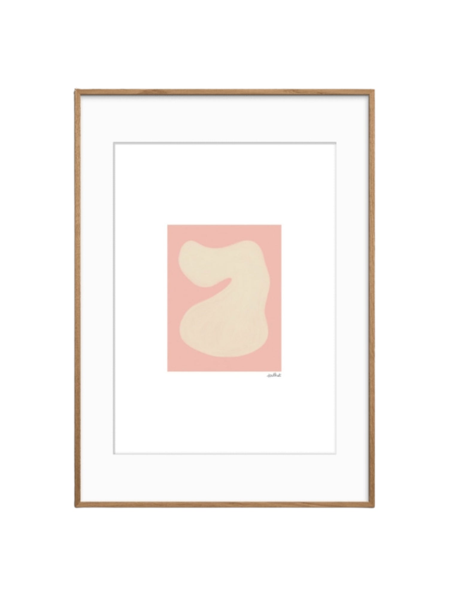 The Poster Club Shape Study 01, a modern abstract art print featuring a soft, organic creamy beige shape set against a delicate light pink background, expertly framed with a crisp white mat. This minimalist design is encased in a sleek natural oak wood frame, offering a contemporary aesthetic. Ideal as stylish wall art for a gallery wall, bedroom, or living room, perfect for adding an organic modern touch to Nordic-inspired interiors.