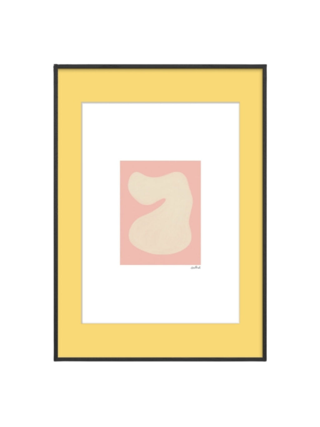 The Poster Club Shape Study 01, a minimalist abstract art print featuring a soft cream organic shape against a pale blush pink background. This contemporary poster is elegantly presented in a sleek black frame with a vibrant yellow mat and a crisp white inner mat. Ideal for adding organic modern design to a gallery wall, living room, or bedroom.