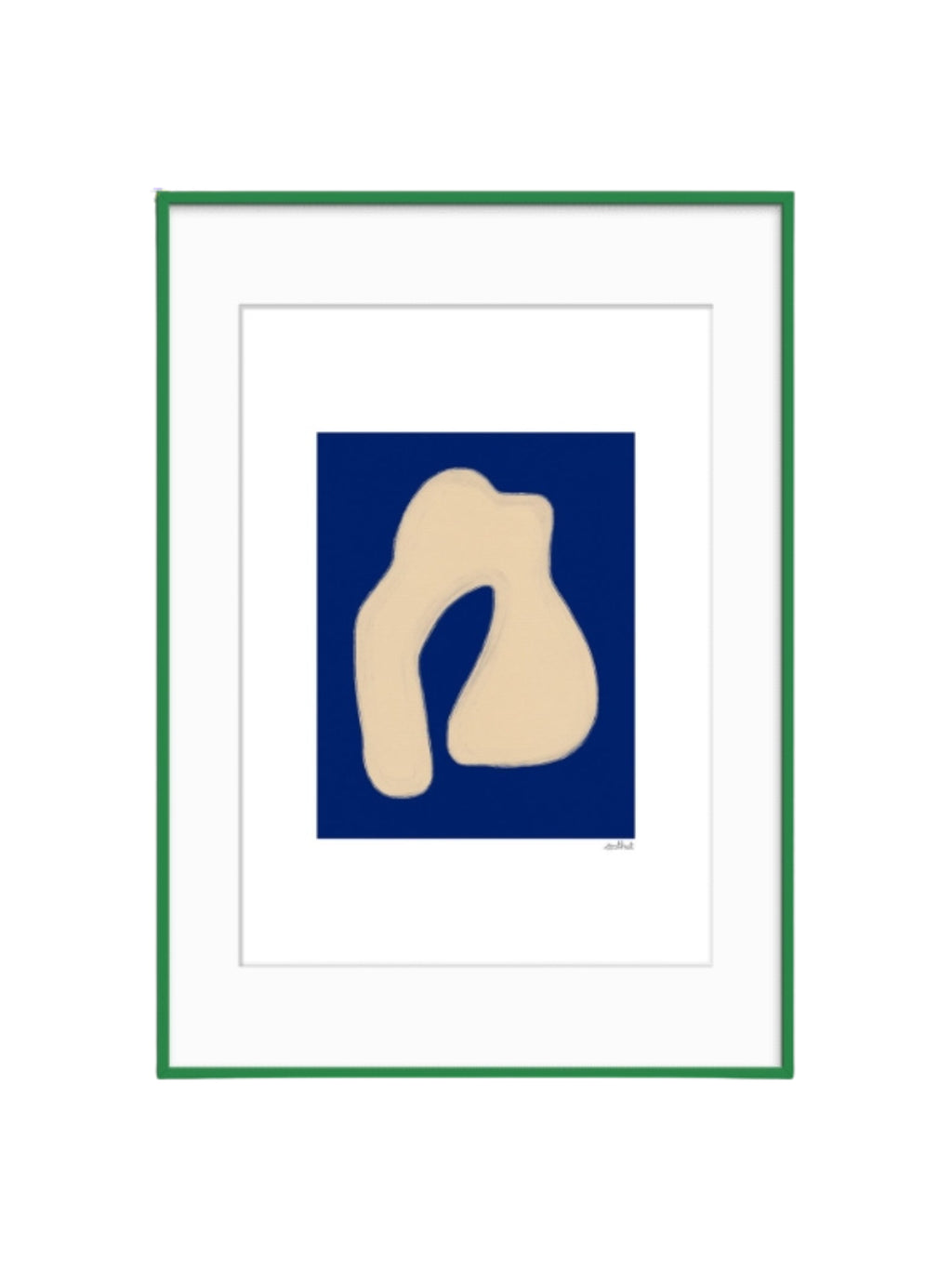 The Poster Club Shape Study 02, a contemporary abstract art print featuring an organic, light beige shape with a subtle textured edge against a deep navy blue background, presented within a crisp white mat and a vibrant green frame. This minimalist wall art is ideal for modern gallery walls, Scandinavian living rooms, or adding a pop of color to a home office.