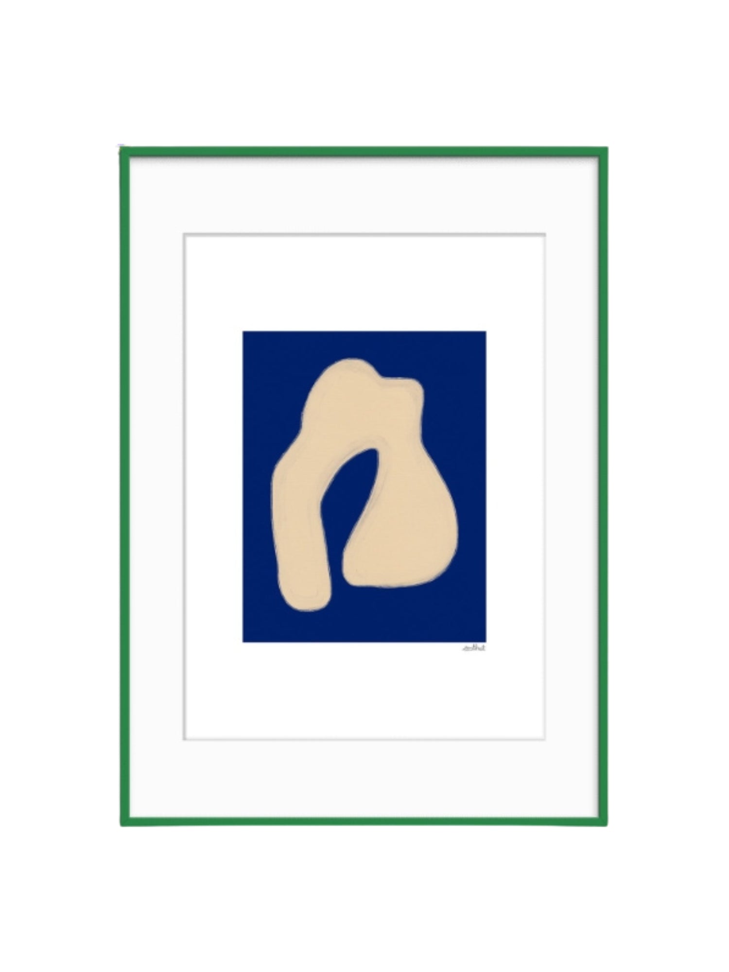 The Poster Club Shape Study 02, a contemporary abstract art print featuring an organic, light beige shape with a subtle textured edge against a deep navy blue background, presented within a crisp white mat and a vibrant green frame. This minimalist wall art is ideal for modern gallery walls, Scandinavian living rooms, or adding a pop of color to a home office.