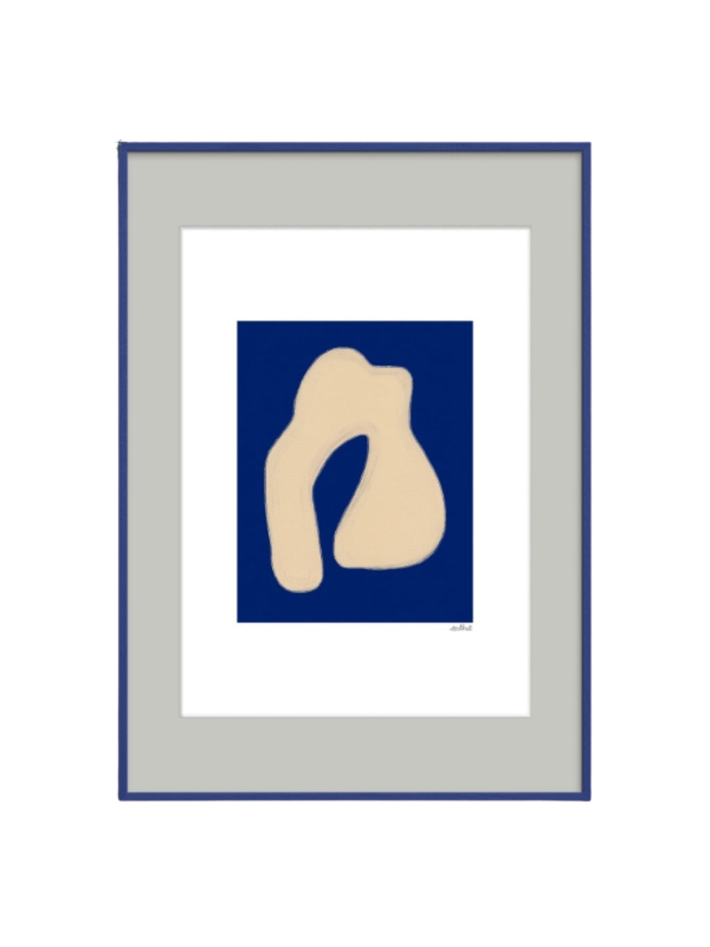 The Poster Club Shape Study 02, a minimalist abstract art print featuring a soft beige organic biomorphic shape against a deep navy blue background, presented with a crisp white border and light grey mat within a sleek dark blue frame. Perfect as modern wall art for contemporary living rooms, serene bedrooms, or a curated gallery wall in organic modern or minimalist interiors.