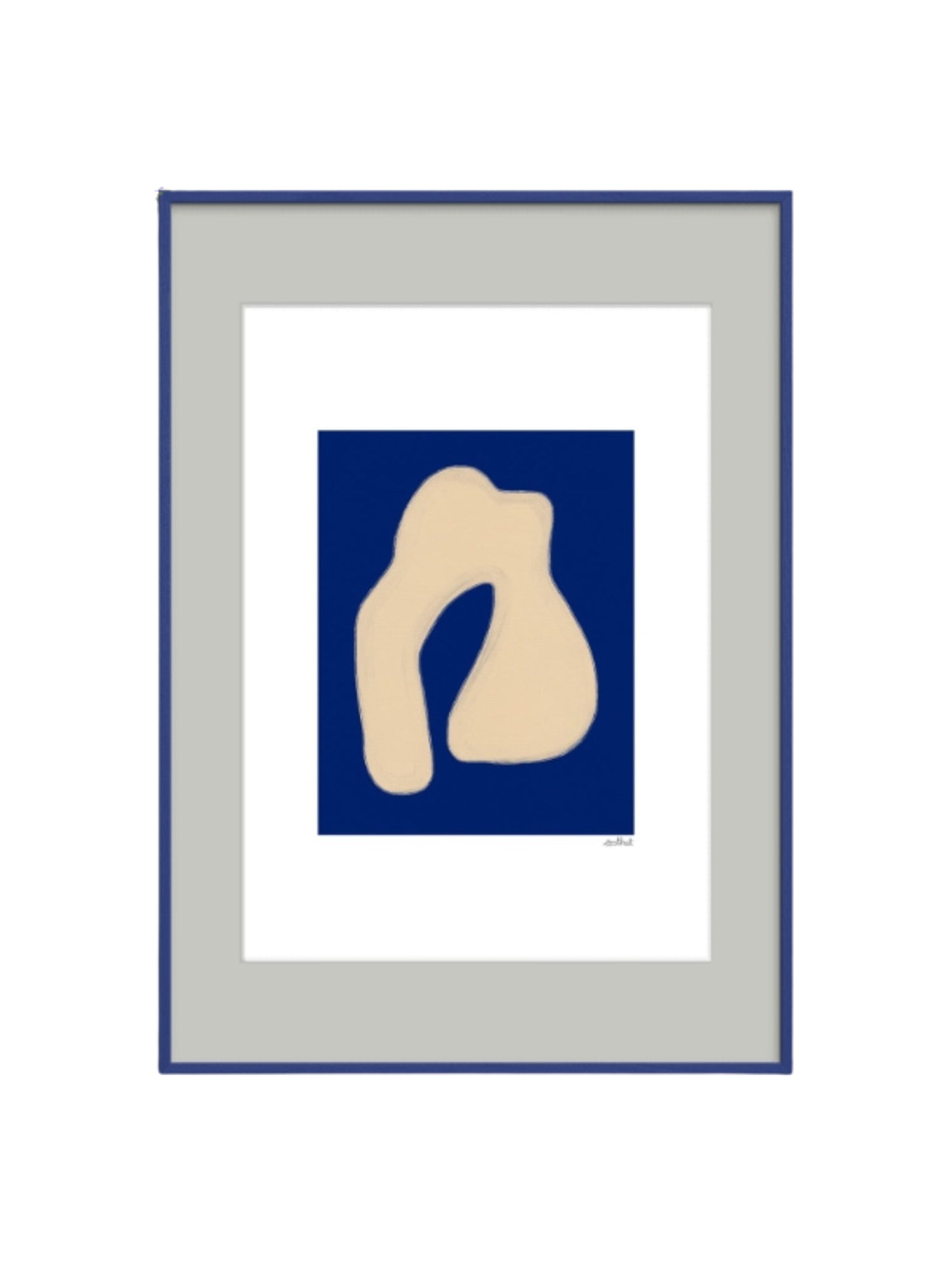 The Poster Club Shape Study 02, a minimalist abstract art print featuring a soft beige organic biomorphic shape against a deep navy blue background, presented with a crisp white border and light grey mat within a sleek dark blue frame. Perfect as modern wall art for contemporary living rooms, serene bedrooms, or a curated gallery wall in organic modern or minimalist interiors.