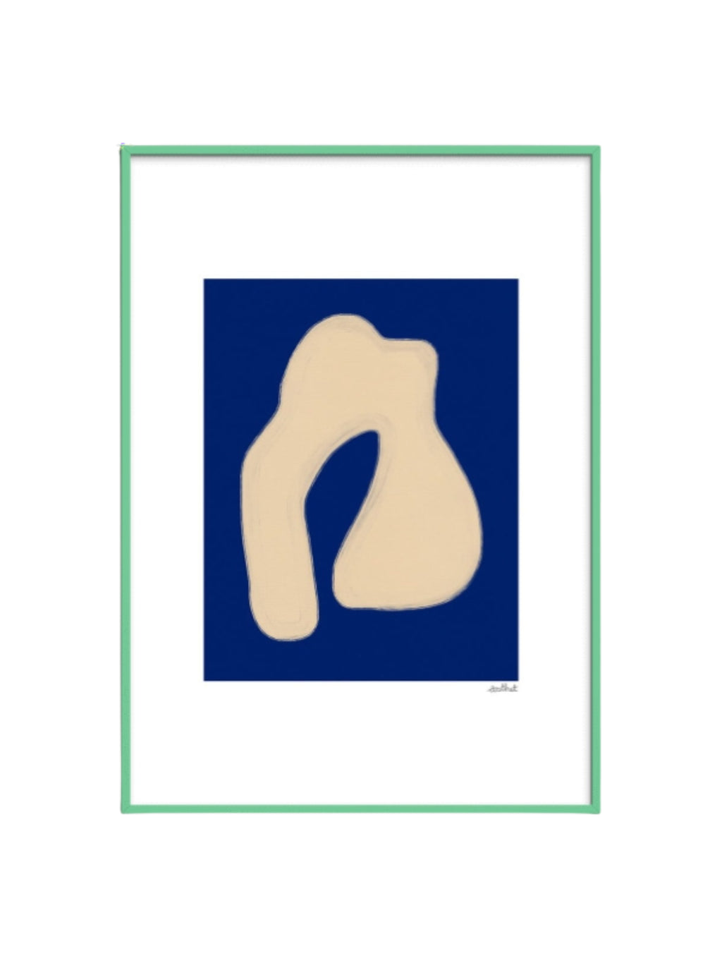 The Poster Club Shape Study 02, a minimalist abstract art print featuring a soft, organic cream-colored shape against a rich navy blue background. This contemporary wall art is presented with a crisp white mat and framed in a vibrant mint green frame. Perfect for adding a touch of modern abstract art to Scandinavian living rooms, organic modern bedrooms, or gallery walls.
