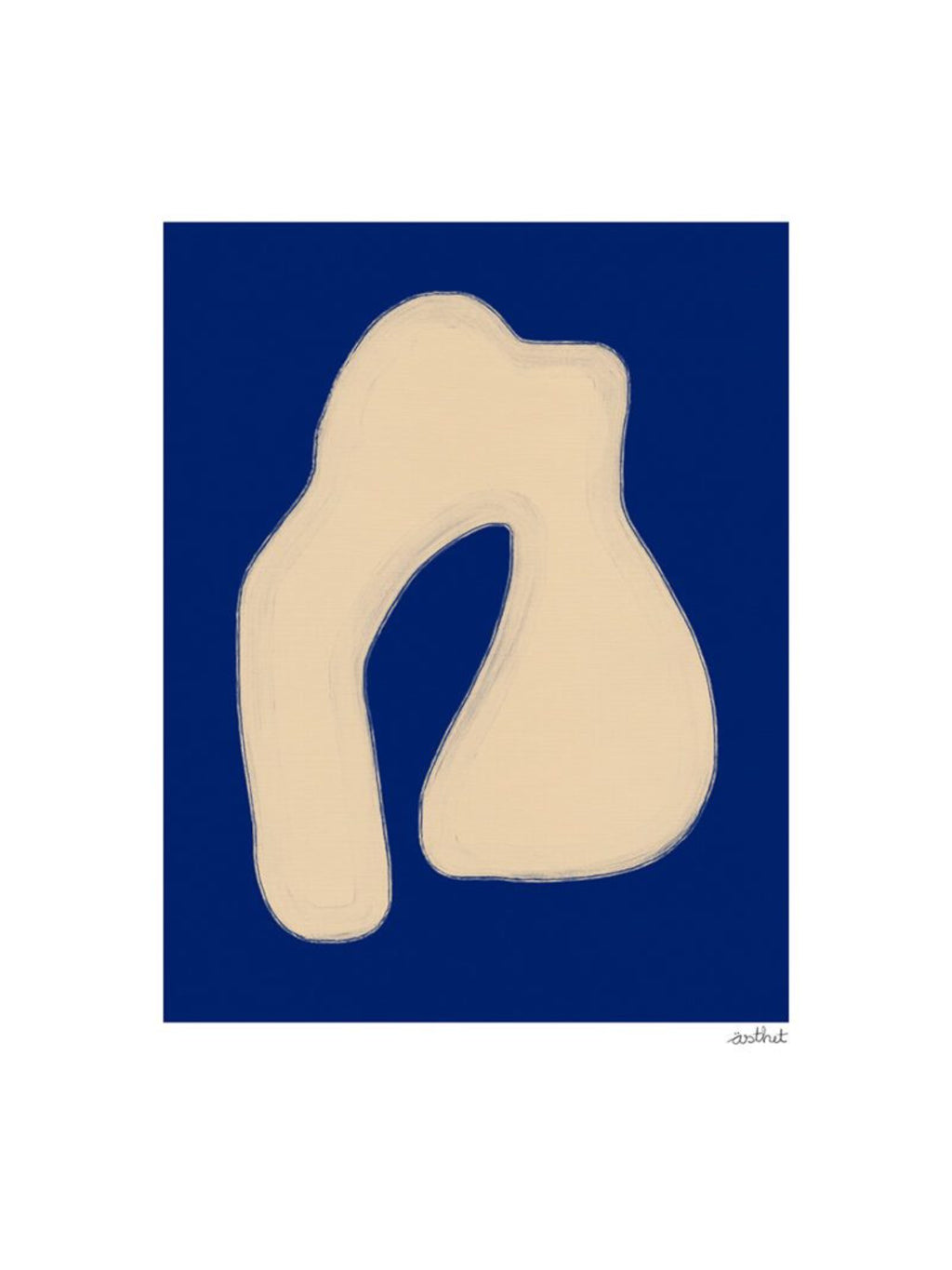 The Poster Club Shape Study 02, a minimalist abstract art print featuring a fluid, organic beige shape with subtle brushstroke texture, set against a rich navy blue background within a crisp white border. This contemporary wall art piece with its curvilinear form and contrasting colors is ideal for modern minimalist living rooms, Scandinavian bedrooms, or a sophisticated gallery wall.