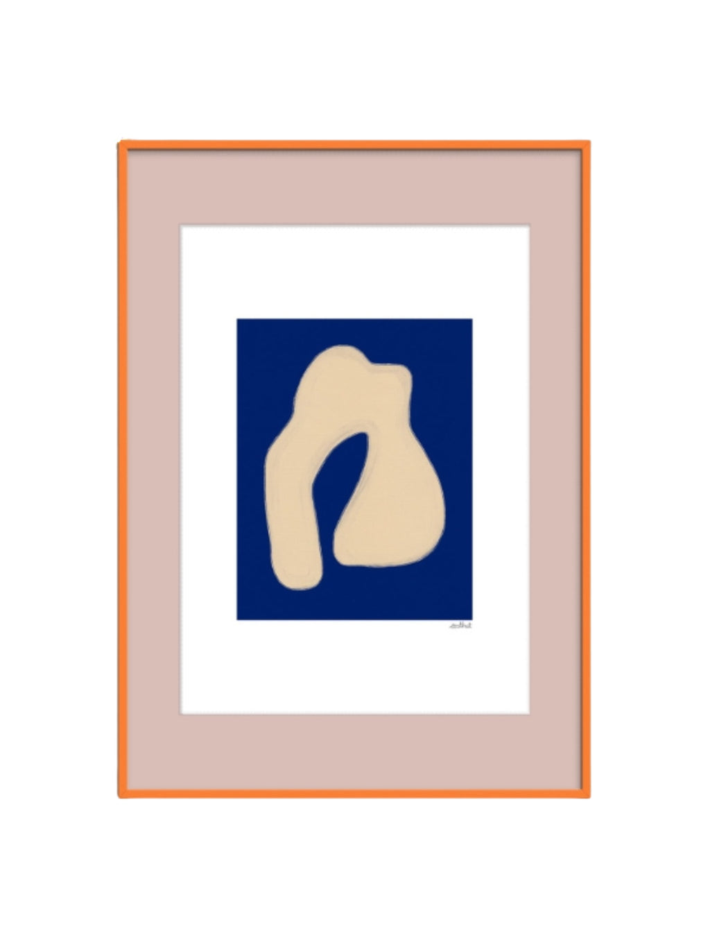 The Poster Club Shape Study 02, a contemporary abstract art print featuring an organic, fluid beige shape with subtle texture against a rich navy blue background. This modern wall art is framed with a wide blush pink mat and a vibrant orange frame, creating a bold, graphic statement. Ideal for adding a pop of color to minimalist living rooms, contemporary bedrooms, or curated gallery walls.