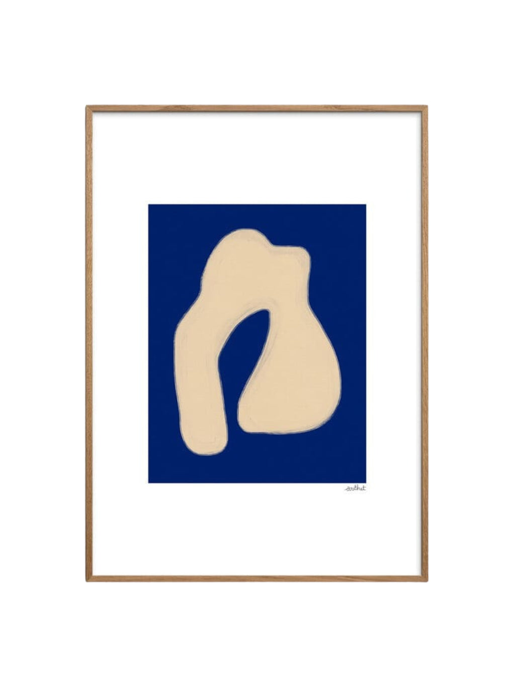 The Poster Club Shape Study 02, an abstract art print featuring a cream-colored organic shape with a subtle painted texture against a deep royal blue background, framed in a light natural oak frame with a crisp white mat. This modern minimalist wall art is perfect for contemporary gallery walls or adding a touch of organic modern design to living rooms and bedrooms.