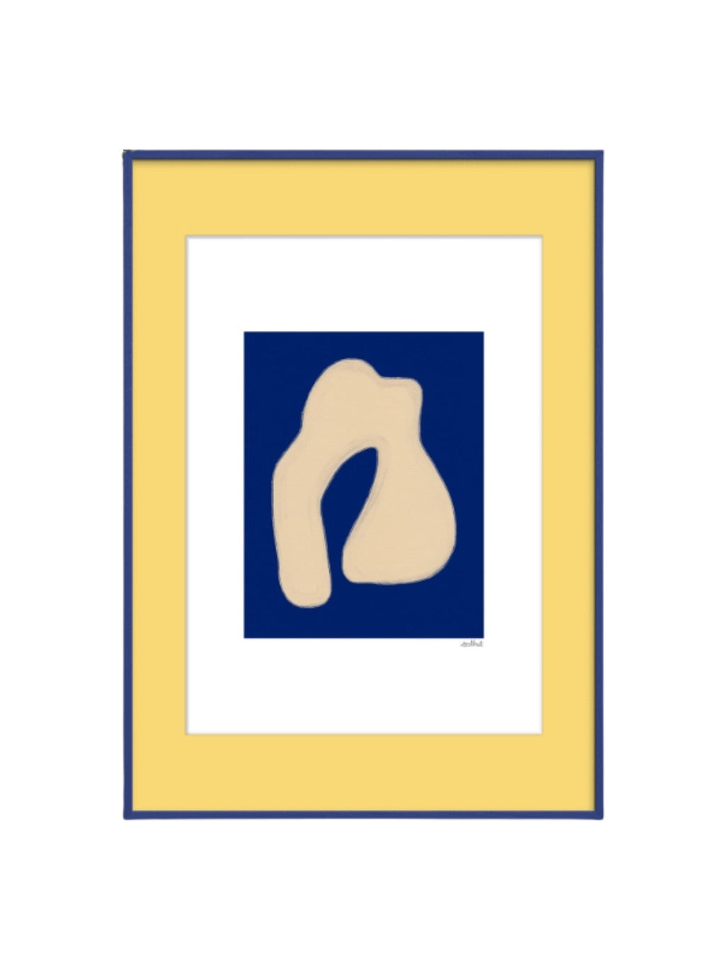 The Poster Club Shape Study 02, a contemporary abstract art print featuring a soft, organic beige shape with a painterly texture set against a deep navy blue background. This modern framed art print is encased in a vibrant yellow mat and a sleek dark blue frame, creating a bold, graphic contrast. Perfect as minimalist wall art for a modern gallery wall, contemporary living room, or a stylish home office.