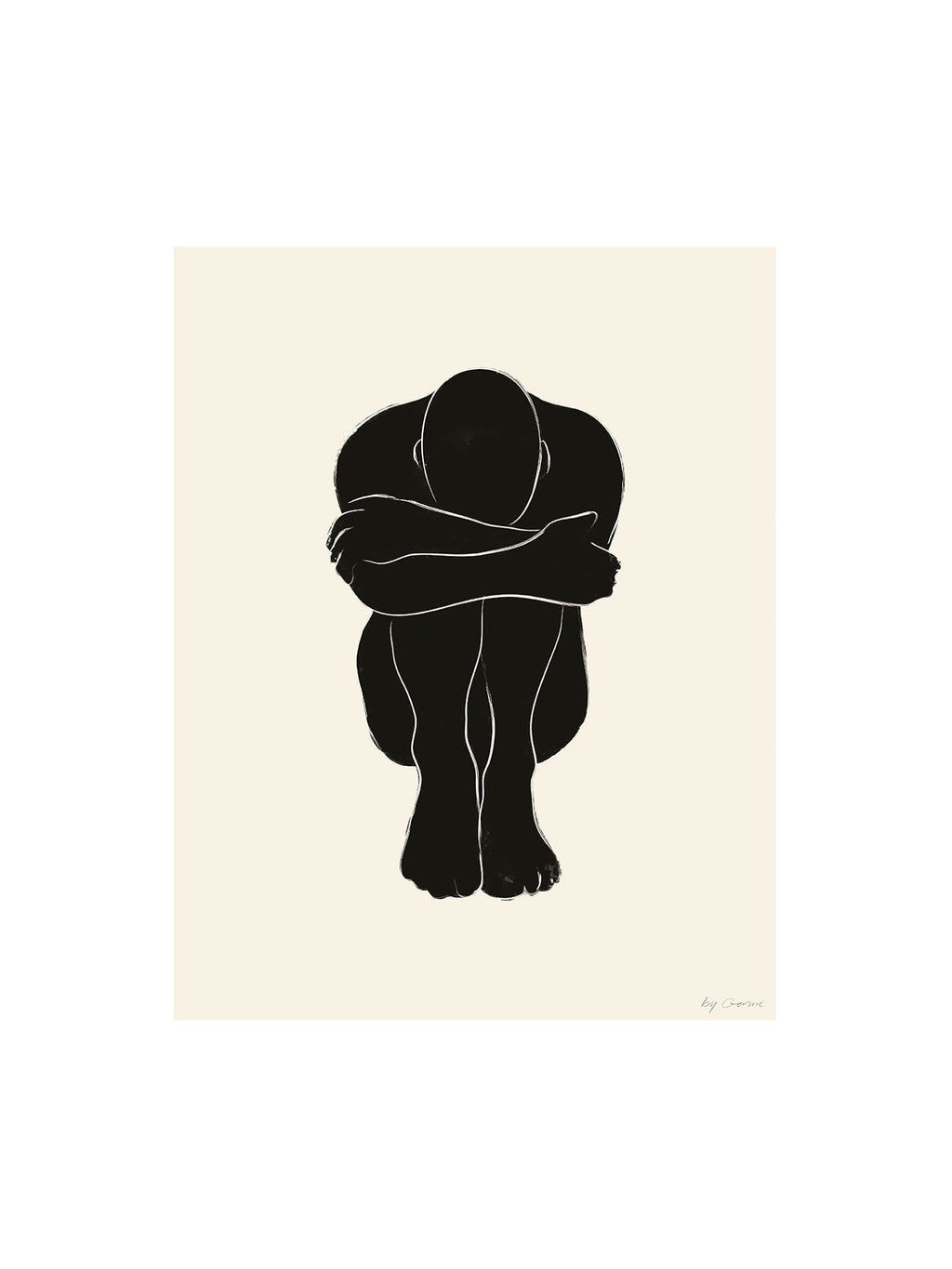 The Poster Club STATIC 02, a striking black abstract art print depicting a minimalist human figure in a curled, contemplative pose against a warm light beige background, featuring subtle distressed textures and crisp white outlines. This contemporary and organic modern art print offers a powerful statement piece, perfect for creating a sophisticated gallery wall, a calming bedroom accent, or a thoughtful addition to a minimalist living room or home office.