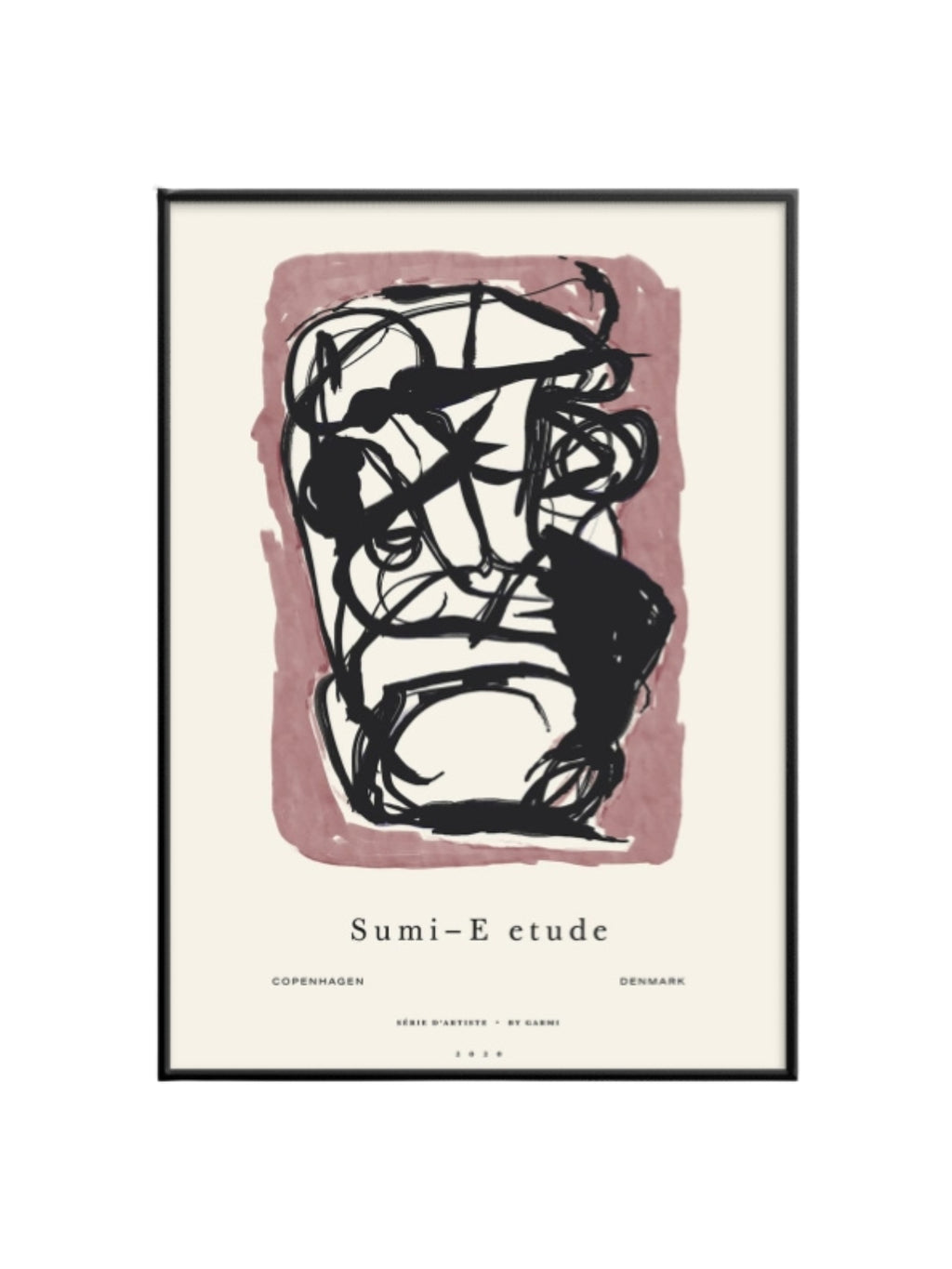 The Poster Club Sumi e 03, a modern abstract art print featuring bold black sumi-e inspired brushstrokes creating an expressive form on a muted dusty rose background block, set against.