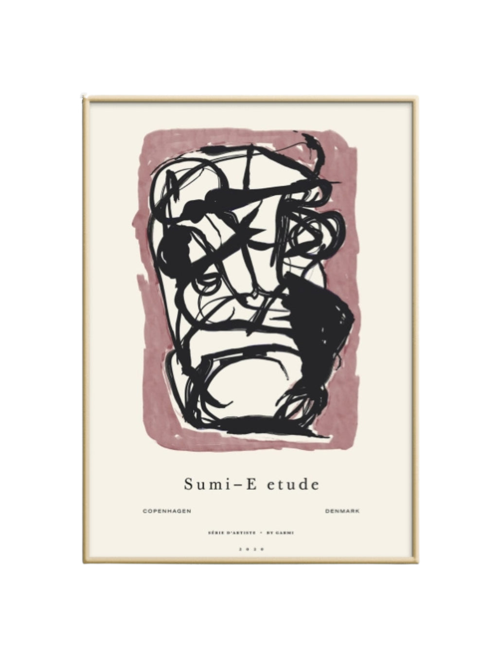 The Poster Club Sumi e 03, a modern minimalist abstract art print featuring bold, expressive black sumi-e inspired brushstrokes contained within a textured dusty rose rectangle, all set on a warm.