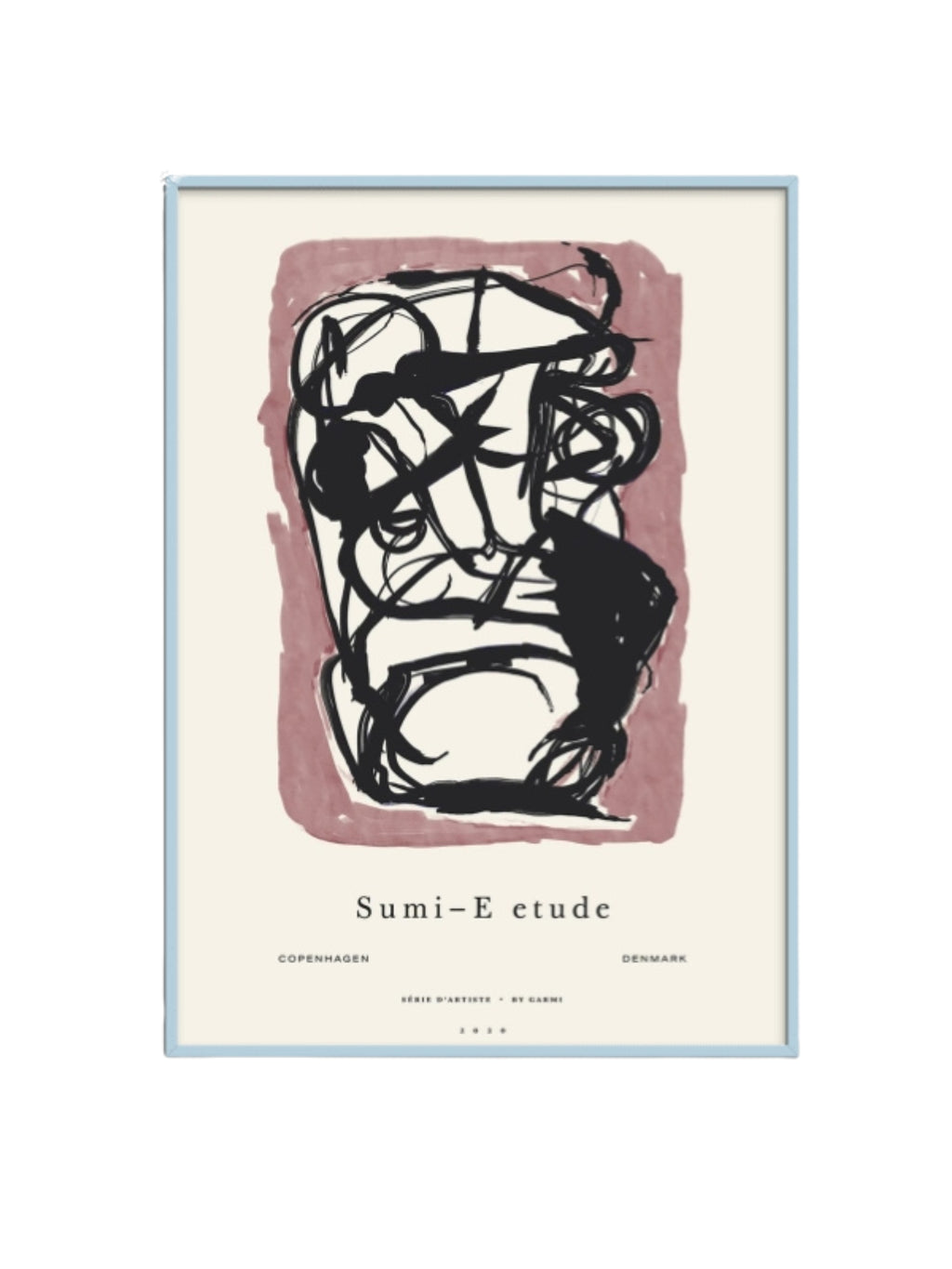 The Poster Club Sumi e 03, a contemporary abstract art print featuring expressive black brushstrokes that form an abstract figure, overlaid on a soft dusty rose organic shape against a warm cream background. This modern minimalist poster is elegantly framed in a sleek light blue metal frame, offering a subtle pop of color. Perfect for adding sophisticated wall art to Scandinavian living rooms, japandi bedrooms, or minimalist home office spaces.