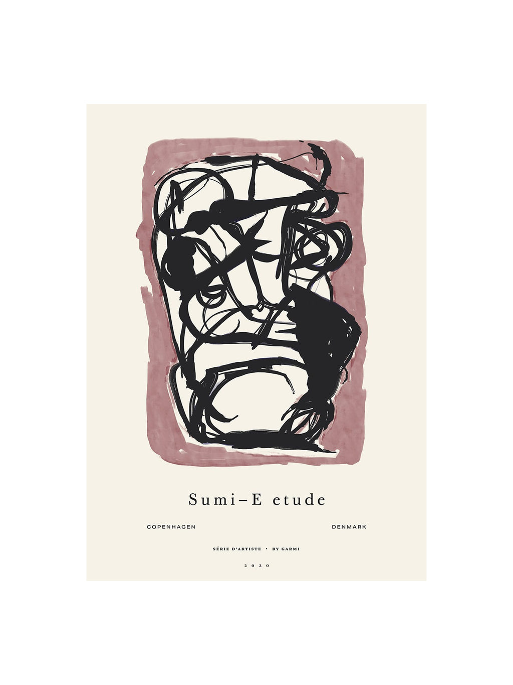 The Poster Club Sumi e 03, a minimalist abstract art print titled "Sumi-E etude," featuring bold black expressive brushstrokes against a muted dusty rose rectangular shape, set on a warm cream background. This contemporary wall art print blends organic modern and Japandi aesthetics, printed on premium art paper.