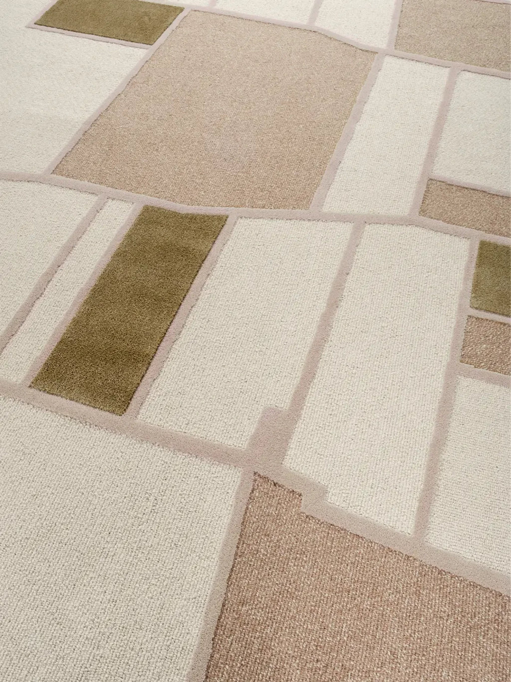 alp_ Tierras Nature Rug, a contemporary area rug featuring an abstract geometric pattern with blocks of varied pile heights and textures in a natural color palette of cream, sand beige, and olive green. This tufted wool blend rug creates a modern, organic feel with its irregular grid design. Ideal for adding warmth and sophisticated style to minimalist living rooms, Scandinavian bedrooms, or nature-inspired interiors.
