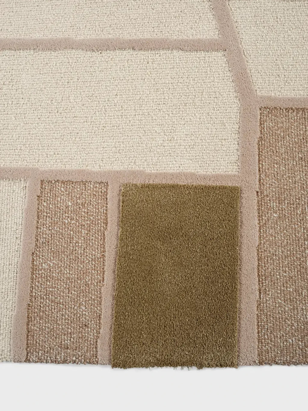 alp_ Tierras Nature Rug, a contemporary geometric wool rug featuring a textured design with varying pile heights in natural cream, beige, and olive green earth tones. This modern area rug showcases distinct blocks and lines, creating a subtle yet dynamic pattern. Perfect for adding organic warmth to Scandinavian living rooms or minimalist bedrooms.
