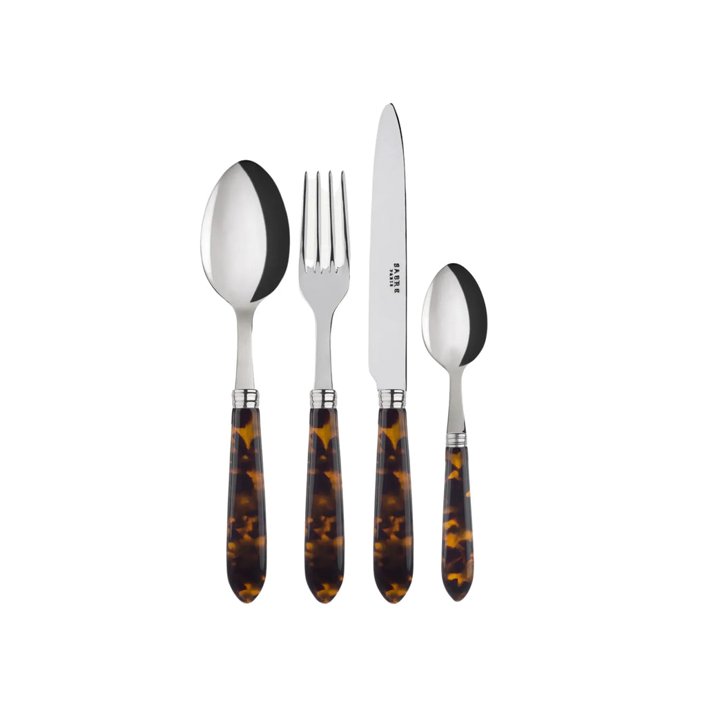 Sabre Paris Tortoise Cutlery Set, featuring highly polished stainless steel blades and bowls with stylish, dark brown and amber mottled tortoise-patterned handles. This elegant flatware set is perfect for adding a touch of classic sophistication to any modern dining experience or special occasion.