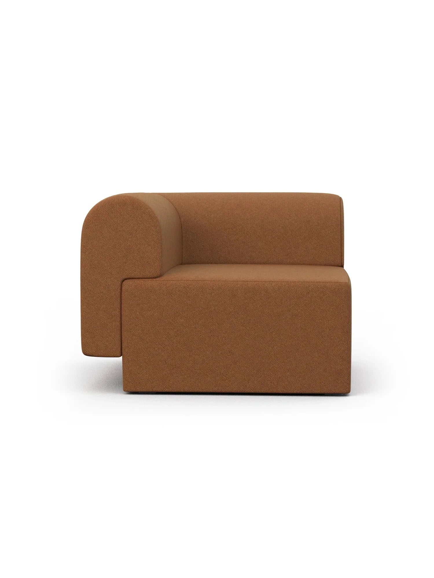 TAMO Tori Modular Sofa in rust textured fabric, featuring a rounded corner armrest on the left, showcased on a white background. This luxury sectional piece is ideal for modern living spaces.