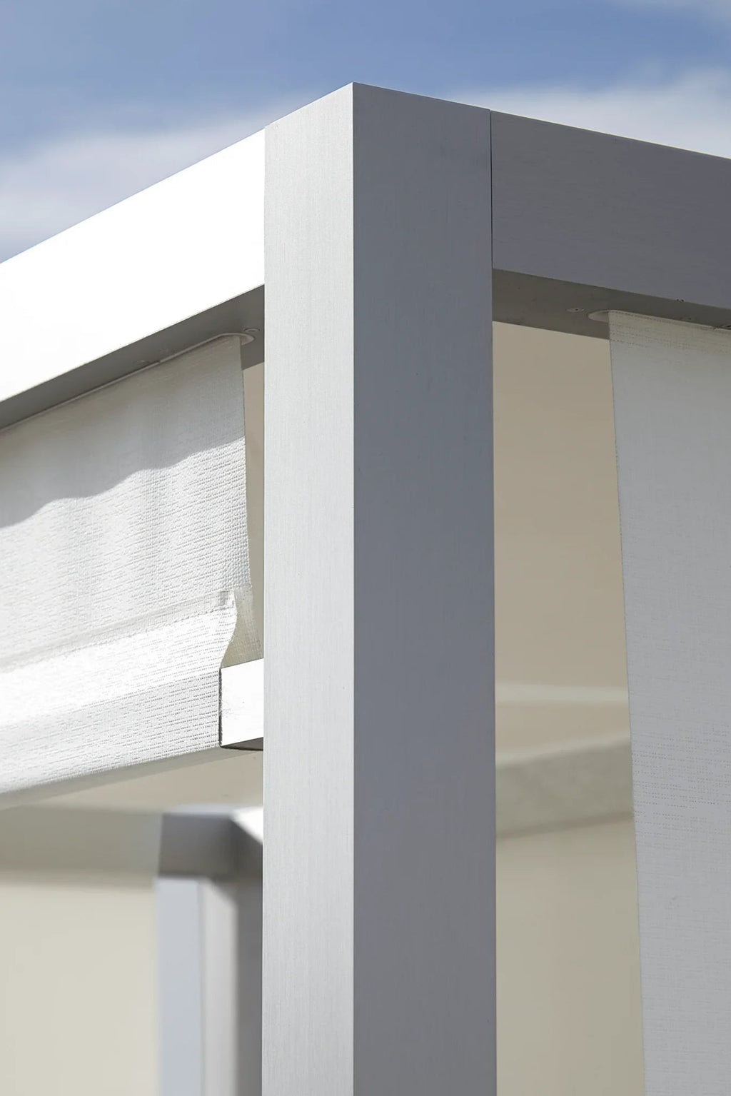 Gandia Blasco Tres Al Fresco Outdoor Sofa, a modular contemporary outdoor lounge system featuring a robust light grey aluminum frame with crisp architectural lines and integrated white woven outdoor fabric shades.