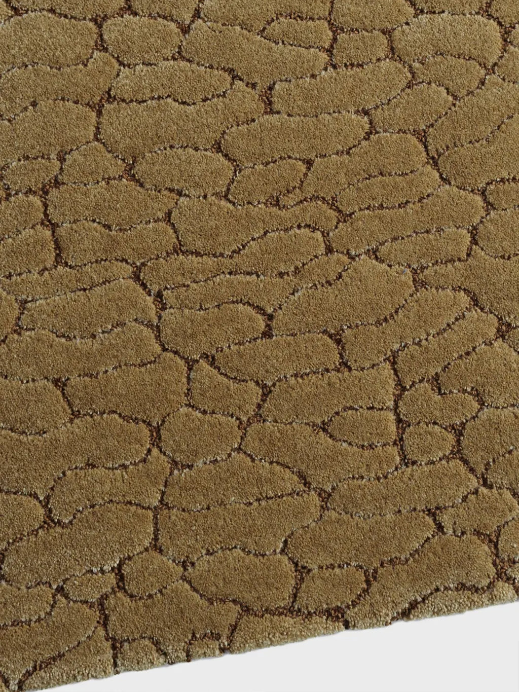 alp_ Tronc Rug, a warm brown textured area rug featuring an organic, high-low pile pattern resembling cracked earth or natural pebbles, with plush tan cut pile sections outlined by darker recessed lines.
