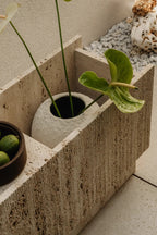 Lido Flower Stand in dark walnut color with scalloped edges and spacious display area