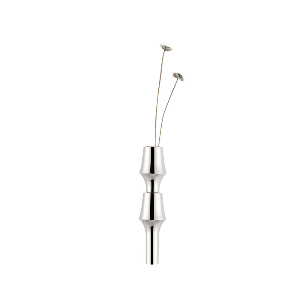 Stoff Nagel BMF Vase, an iconic mid-century modern design featuring two stackable modules of polished chrome metal in a reflective silver finish, creating a sculptural hourglass silhouette.