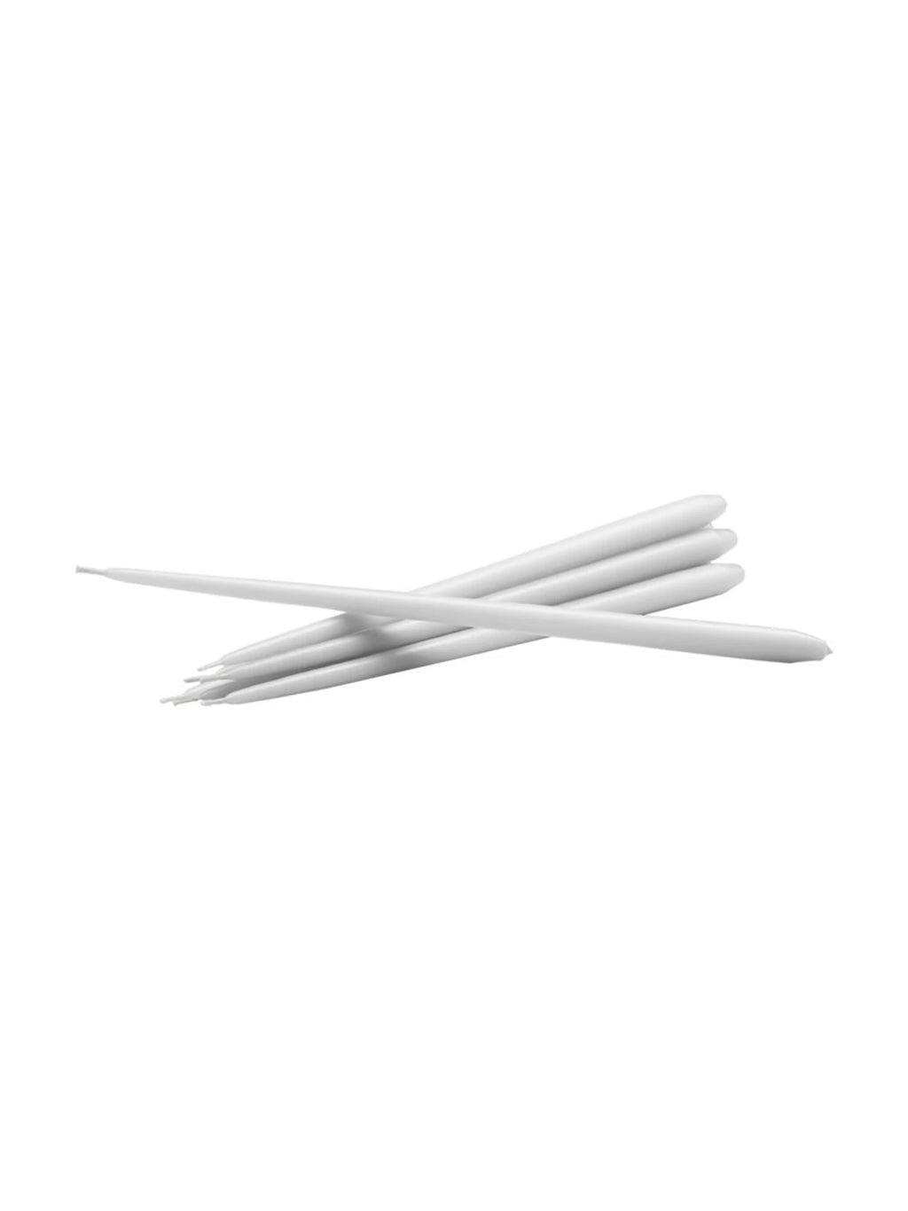 Stoff Nagel Taper Candles - Set of 6, a collection of long, slender white wax candles with a smooth, matte finish and elegant tapered shape. These minimalist white dinner candles are perfect for creating a sophisticated ambiance for modern dining table centerpieces or contemporary living room decor, especially when paired with iconic Stoff Nagel candle holders.