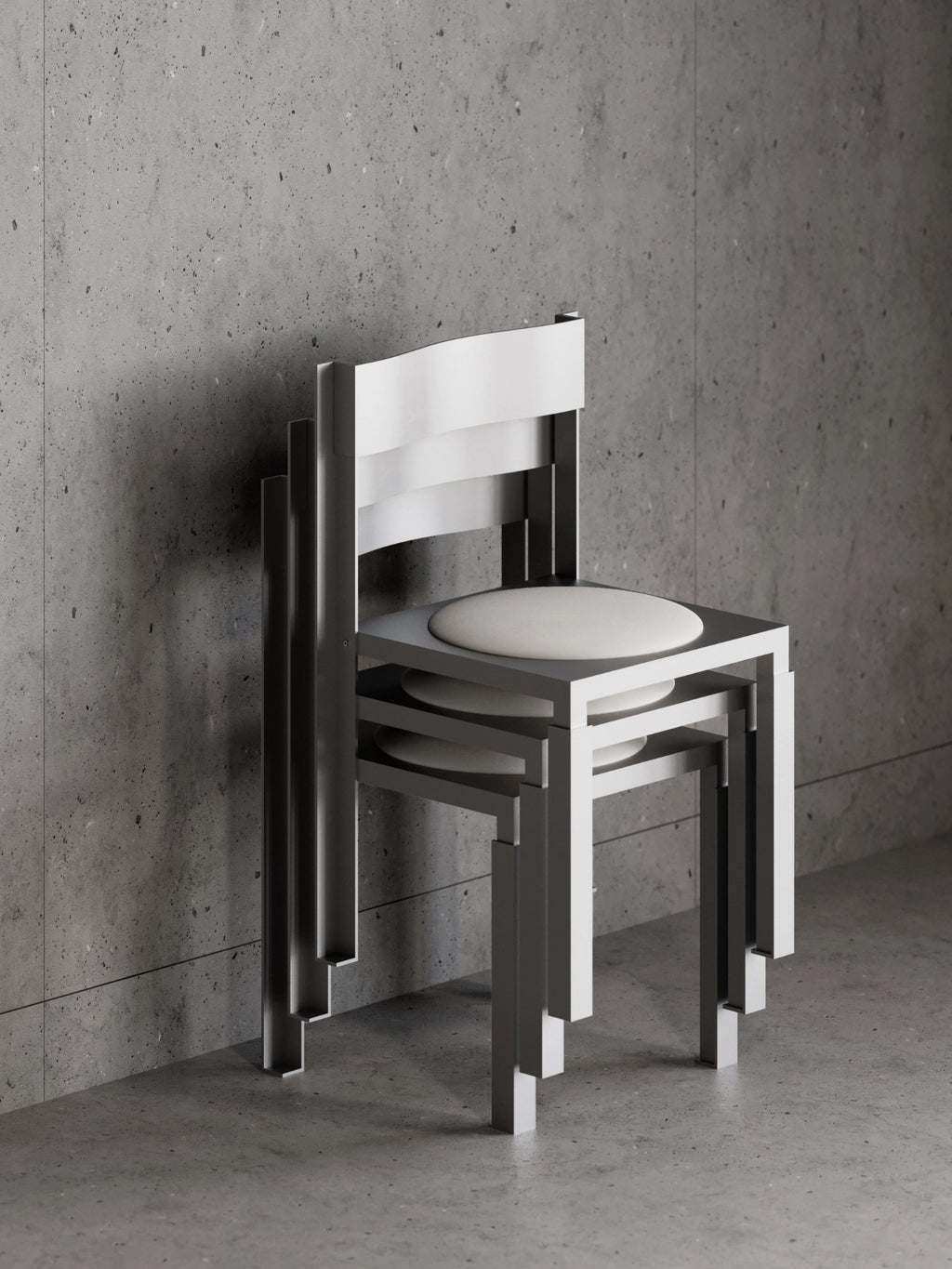 YET. Strut Chair, a striking brutalist dining chair crafted from matte grey powder-coated metal, featuring a bold, rectilinear geometric frame designed for efficient nesting. It showcases a contrasting circular off-white upholstered seat pad, blending industrial chic aesthetics with comfort. Perfect for modern minimalist dining rooms, contemporary kitchens, or commercial spaces seeking architectural, space-saving seating.