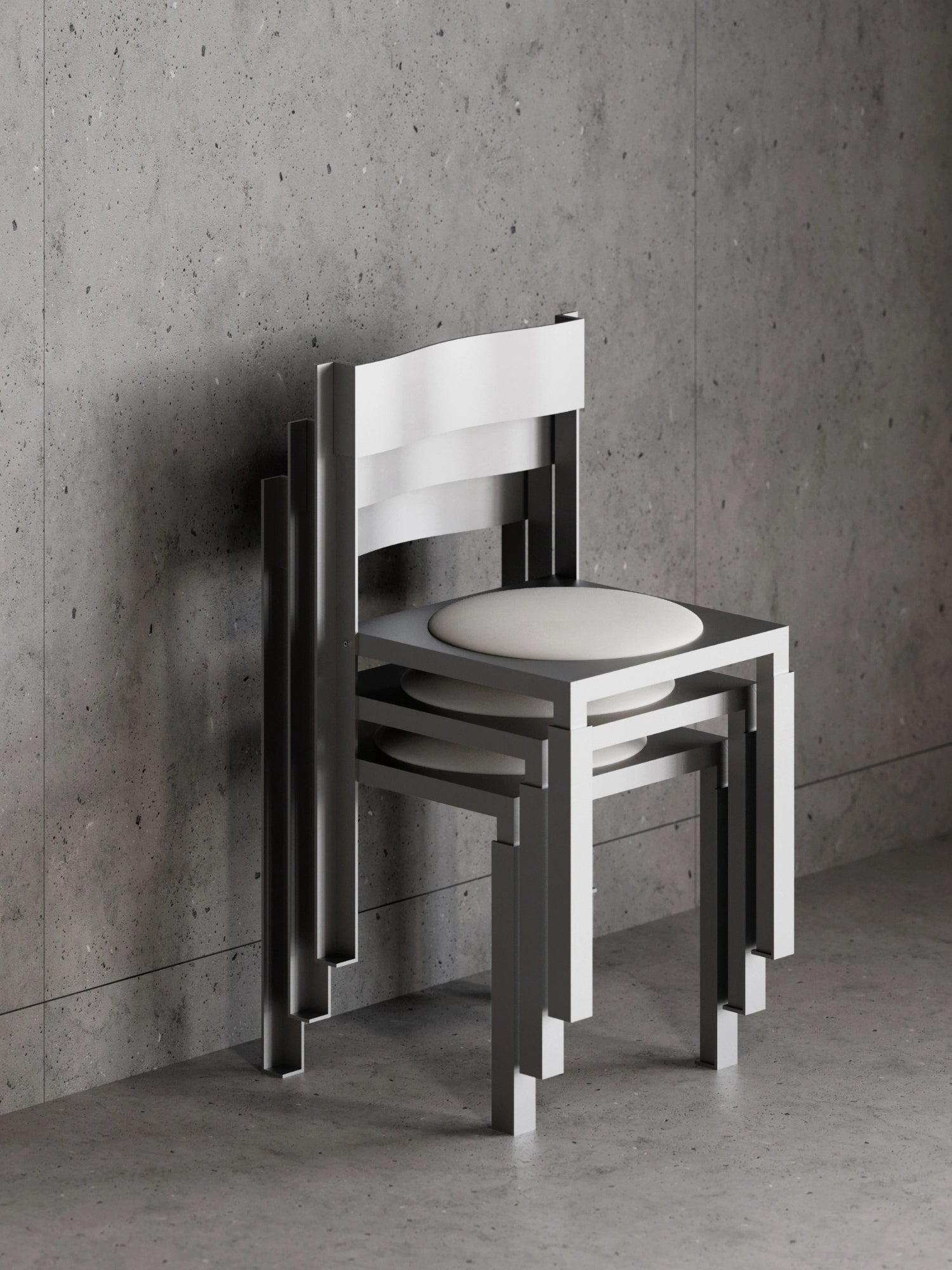 YET. Strut Chair, a striking brutalist dining chair crafted from matte grey powder-coated metal, featuring a bold, rectilinear geometric frame designed for efficient nesting. It showcases a contrasting circular off-white upholstered seat pad, blending industrial chic aesthetics with comfort. Perfect for modern minimalist dining rooms, contemporary kitchens, or commercial spaces seeking architectural, space-saving seating.