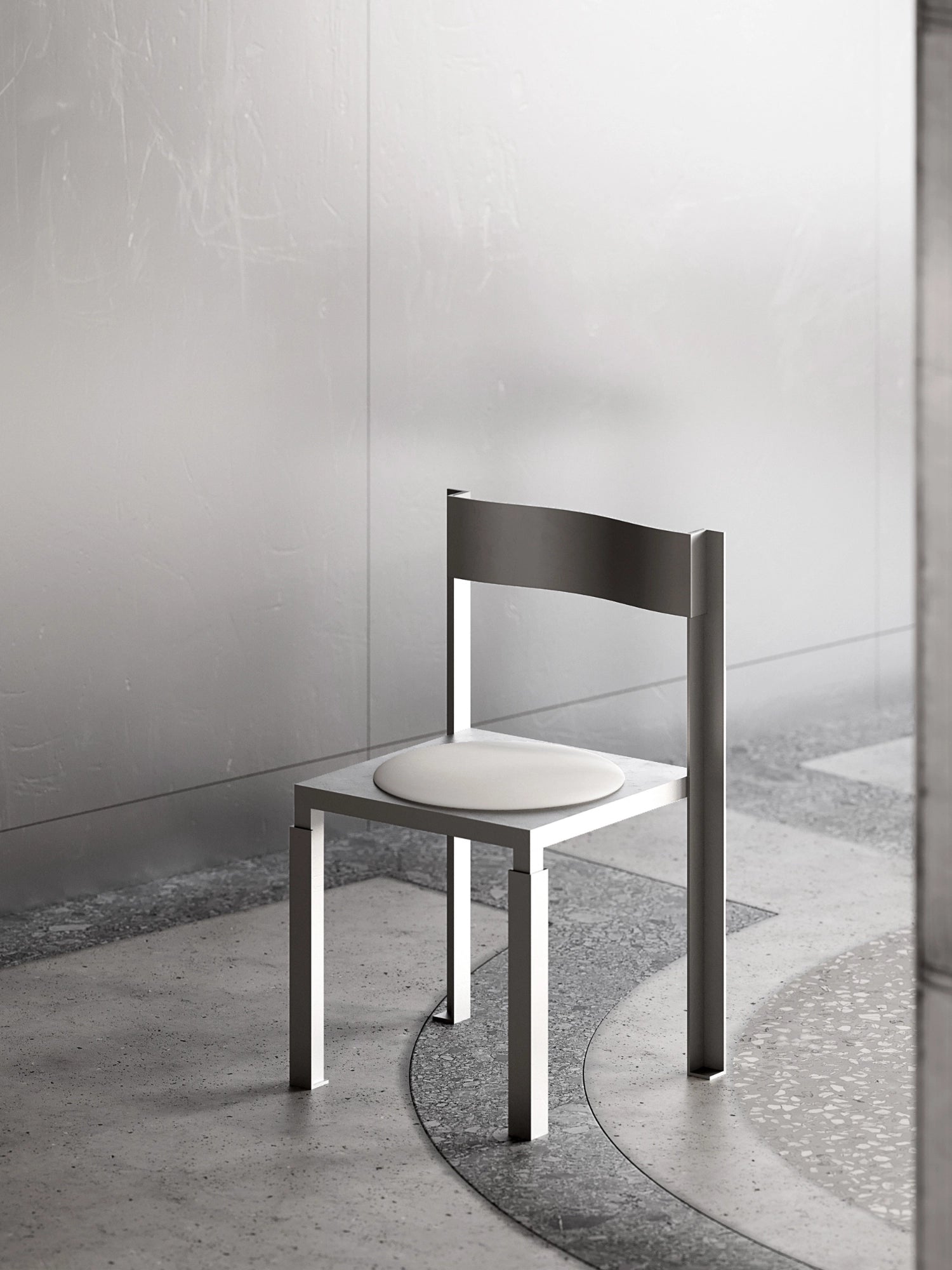 YET. Strut Chair, a minimalist brutalist dining chair featuring a stark, rectilinear frame crafted from matte grey metal with a flat rectangular backrest. This industrial-chic piece includes a contrasting round off-white cushion, providing a striking contemporary aesthetic. Ideal for modern dining rooms or as an architectural statement chair in sophisticated living spaces.