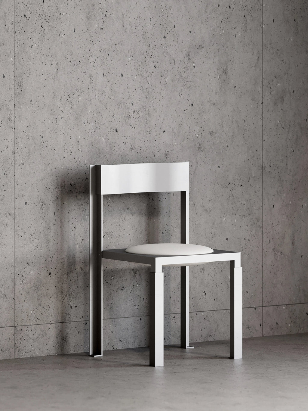 YET. Strut Chair, a modern minimalist dining chair featuring a strong geometric light grey powder-coated metal frame with a sleek rectangular white metal backrest and a contrasting round white upholstered seat pad. This industrial chic chair is perfect for contemporary dining rooms, modern kitchens, or as a brutalist accent piece in minimalist interiors.