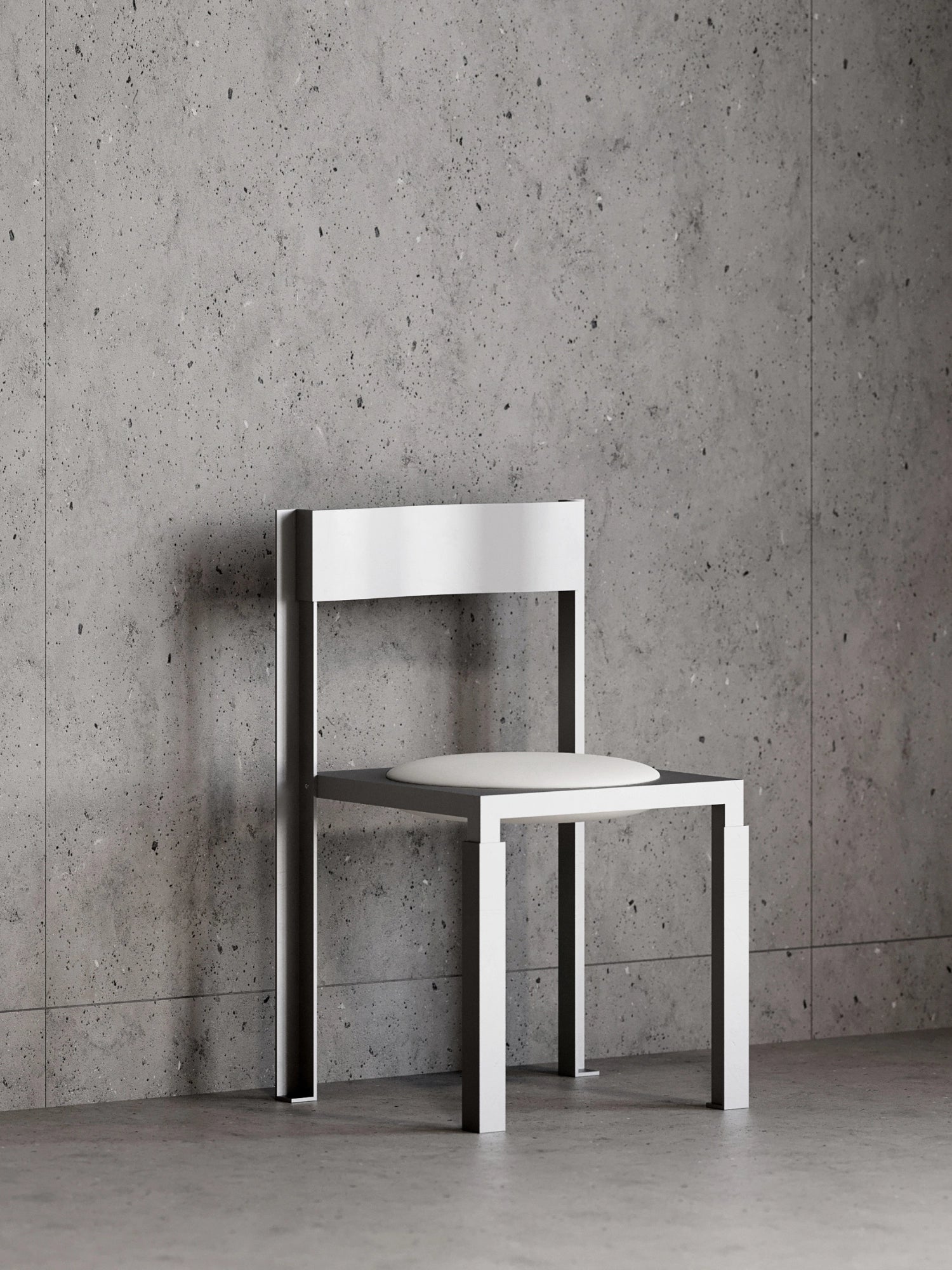 YET. Strut Chair, a modern minimalist dining chair featuring a strong geometric light grey powder-coated metal frame with a sleek rectangular white metal backrest and a contrasting round white upholstered seat pad. This industrial chic chair is perfect for contemporary dining rooms, modern kitchens, or as a brutalist accent piece in minimalist interiors.