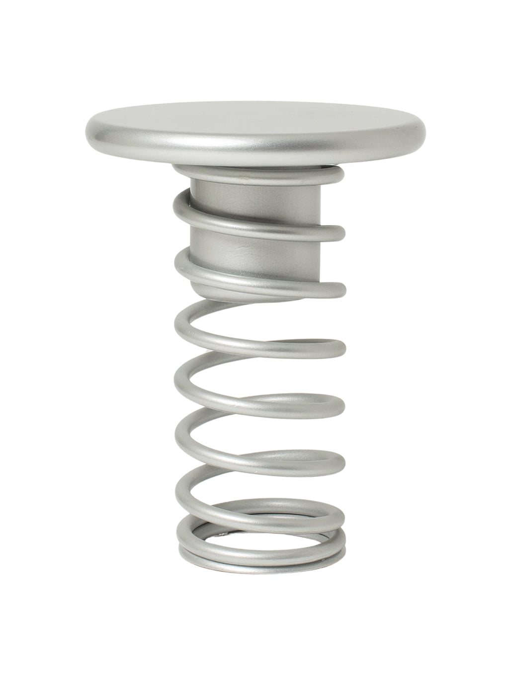 YET. Twist Stool, a modern minimalist accent stool crafted from matte silver metal, featuring a round top and a unique, sculptural exposed coil spring base. This industrial chic metal stool offers a playful design element, ideal for contemporary living rooms, creative studio spaces, or as a distinctive bedside table.