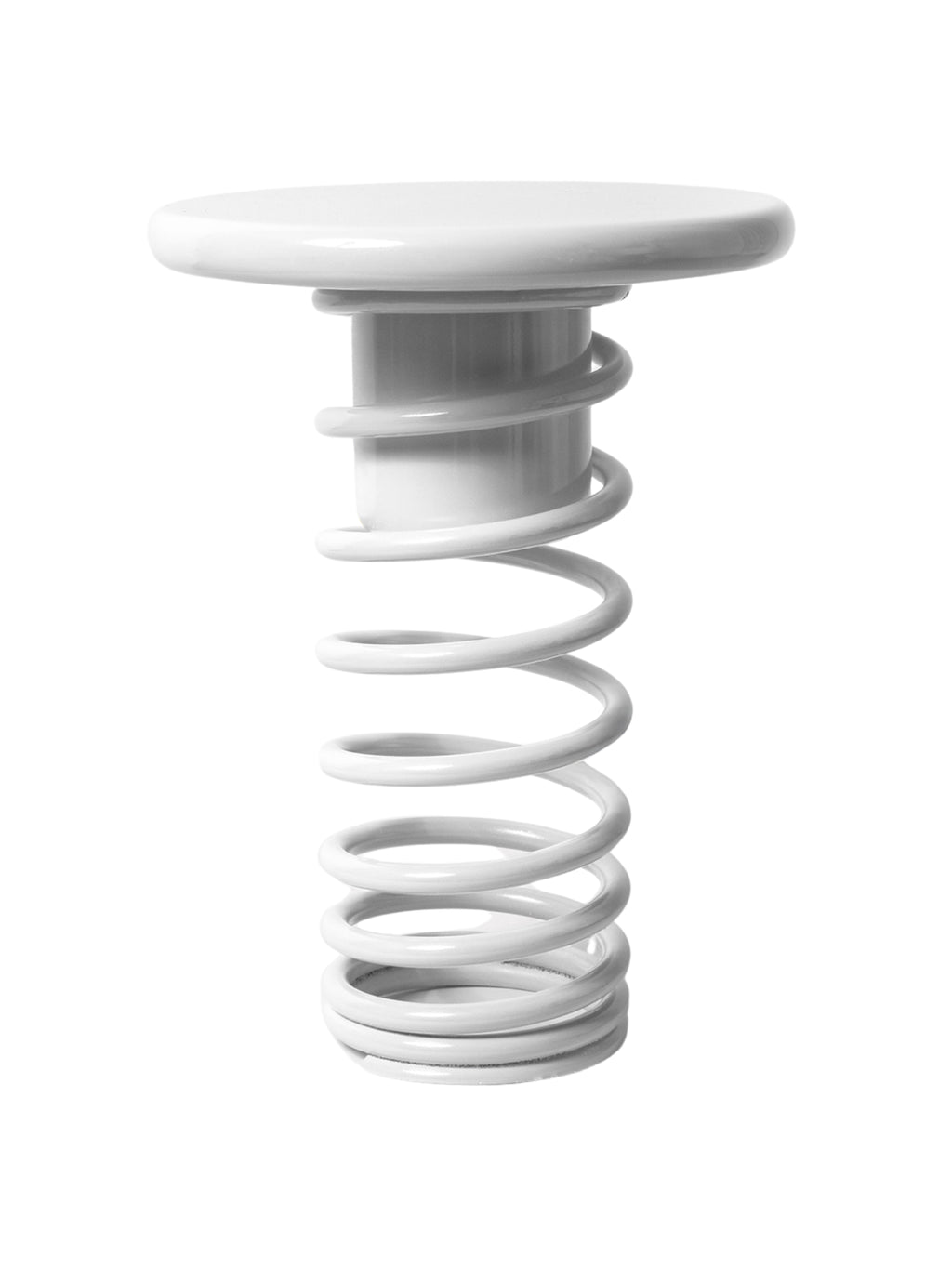 YET. Twist Stool, a modern white sculptural stool crafted with a glossy lacquered metal finish, featuring a smooth round seat and a unique, playful spiral spring base.